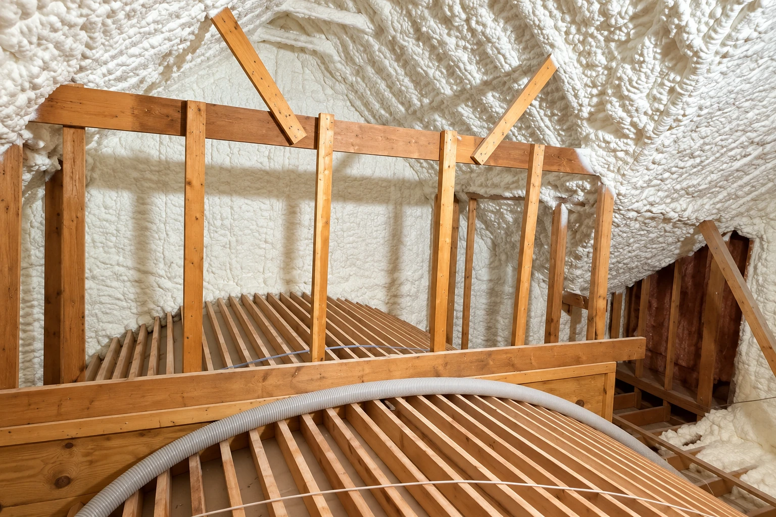Foam insulation coats the roof and walls around exposed wooden framing in an attic.