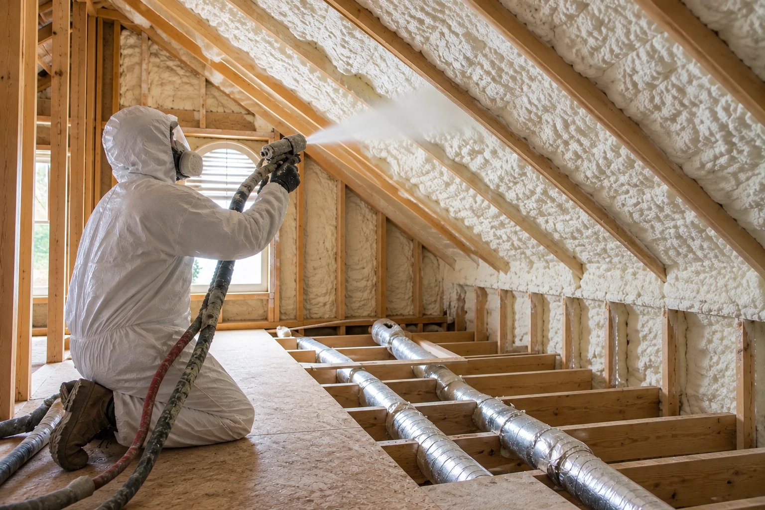 A worker in protective gear sprays foam insulation onto the sloped roof of an attic.