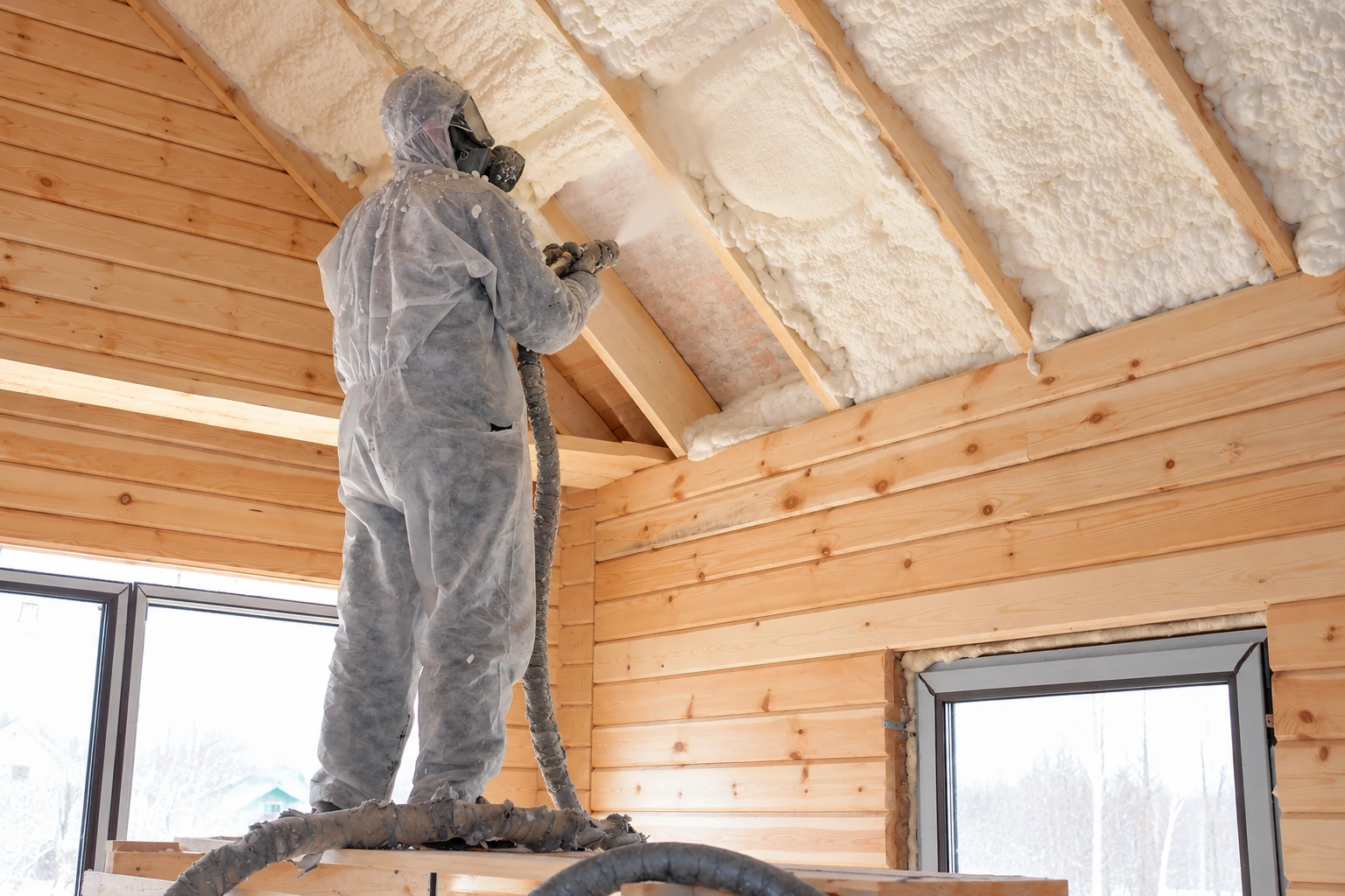 A worker in protective gear sprays foam insulation between exposed roof rafters in a wood-framed attic.