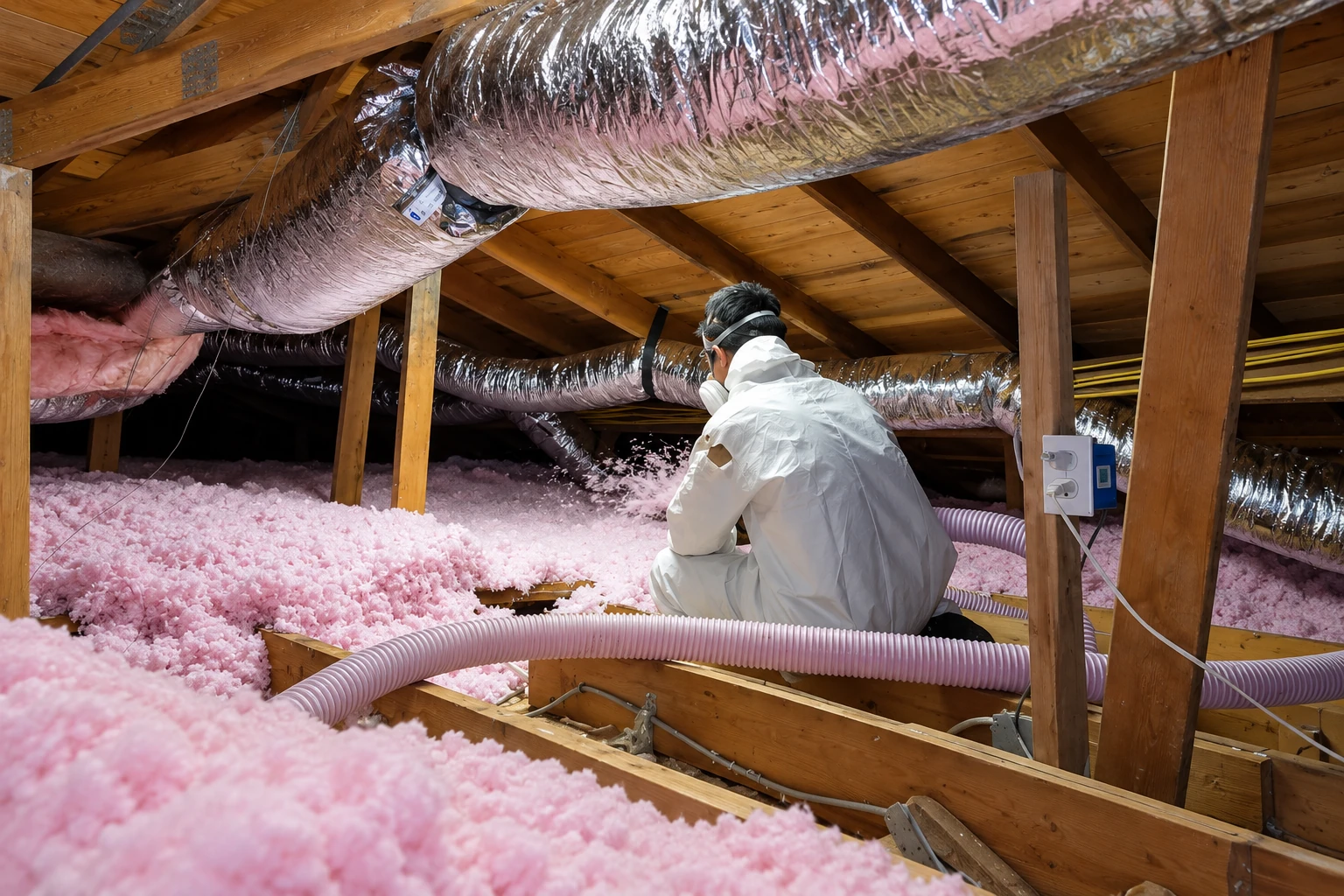 A worker in protective clothing installs pink blown-in insulation in an attic with exposed wooden rafters and flexible ducts.