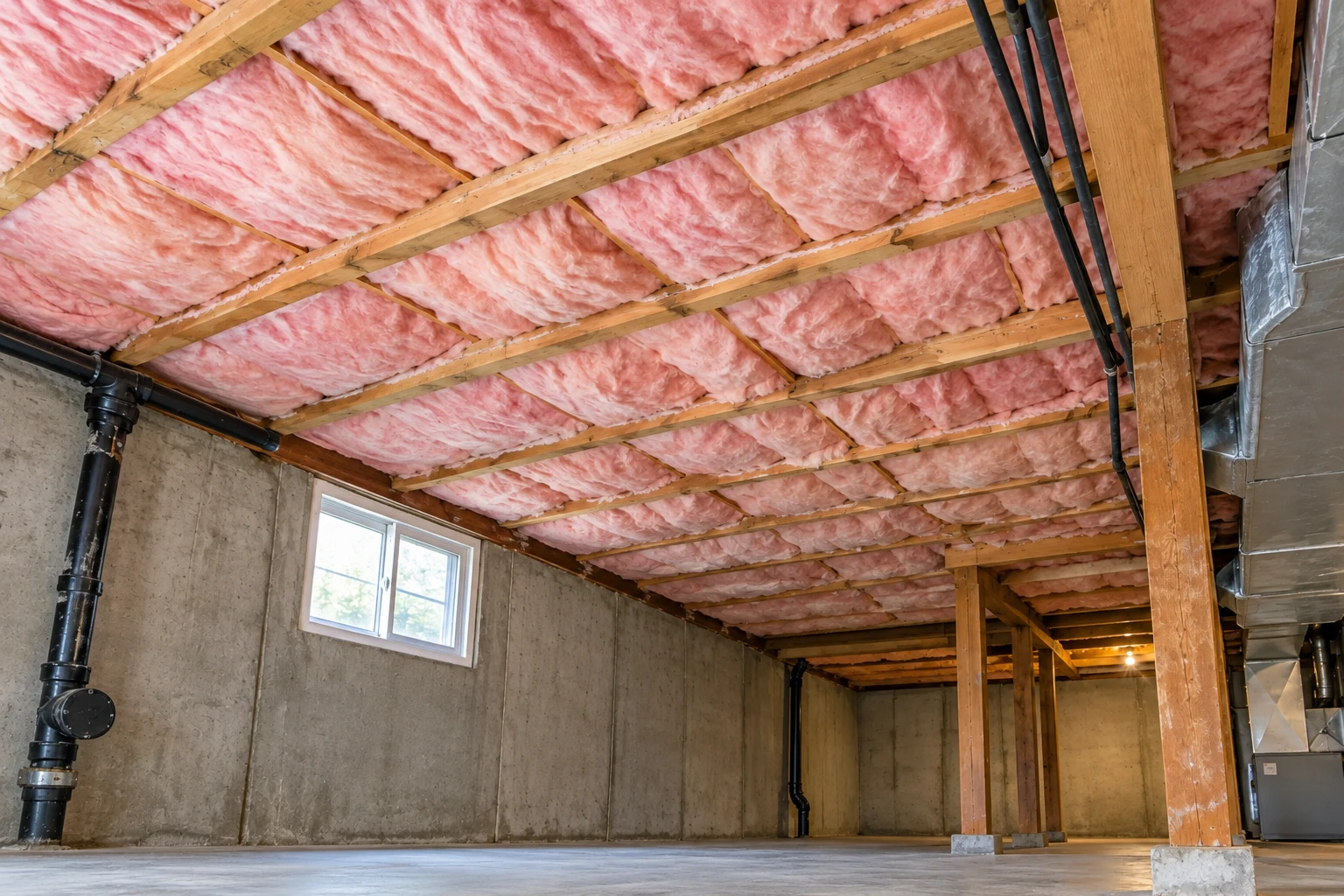 Pink fiberglass batts fill the ceiling joists of an unfinished basement.