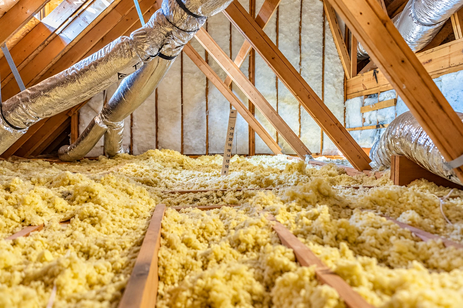 Loose-fill insulation covers an attic floor beneath exposed rafters, with insulated walls and silver ducts.