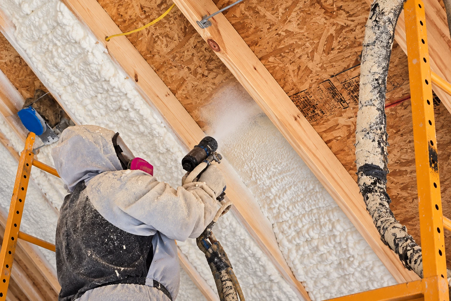 A worker in protective gear sprays foam insulation onto the roof of an unfinished attic.