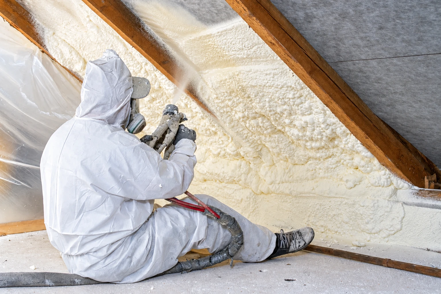 A worker in protective coveralls sprays white closed-cell foam between the rafters of an attic.