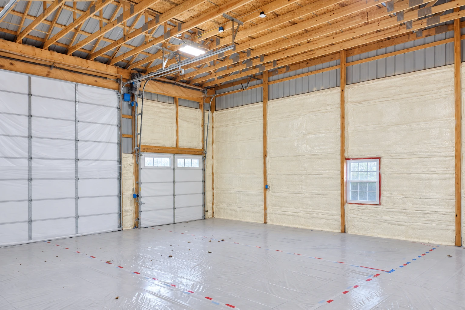 Commercial spray foam insulation covers the walls of a large timber-framed garage with overhead doors and a small window.