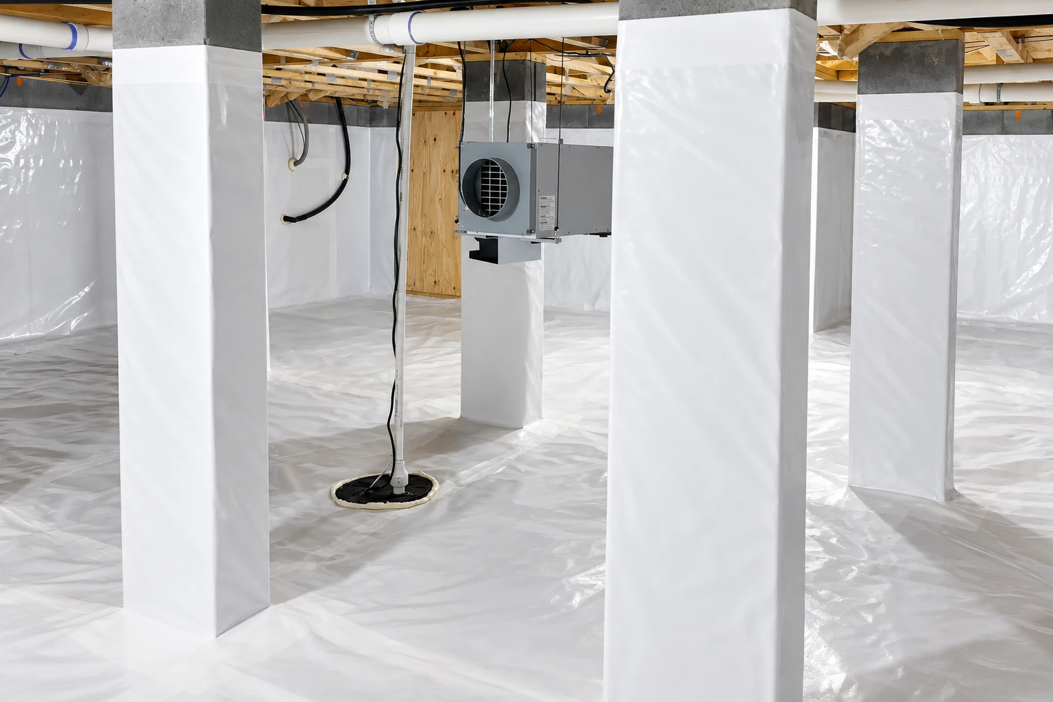 Crawl space with a white plastic floor liner, wrapped support posts, exposed joists and a suspended ventilation unit.