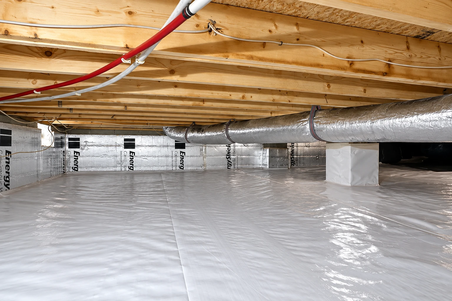 Crawl space with a continuous plastic vapor barrier across the floor, insulated walls and a large silver duct beneath exposed joists.