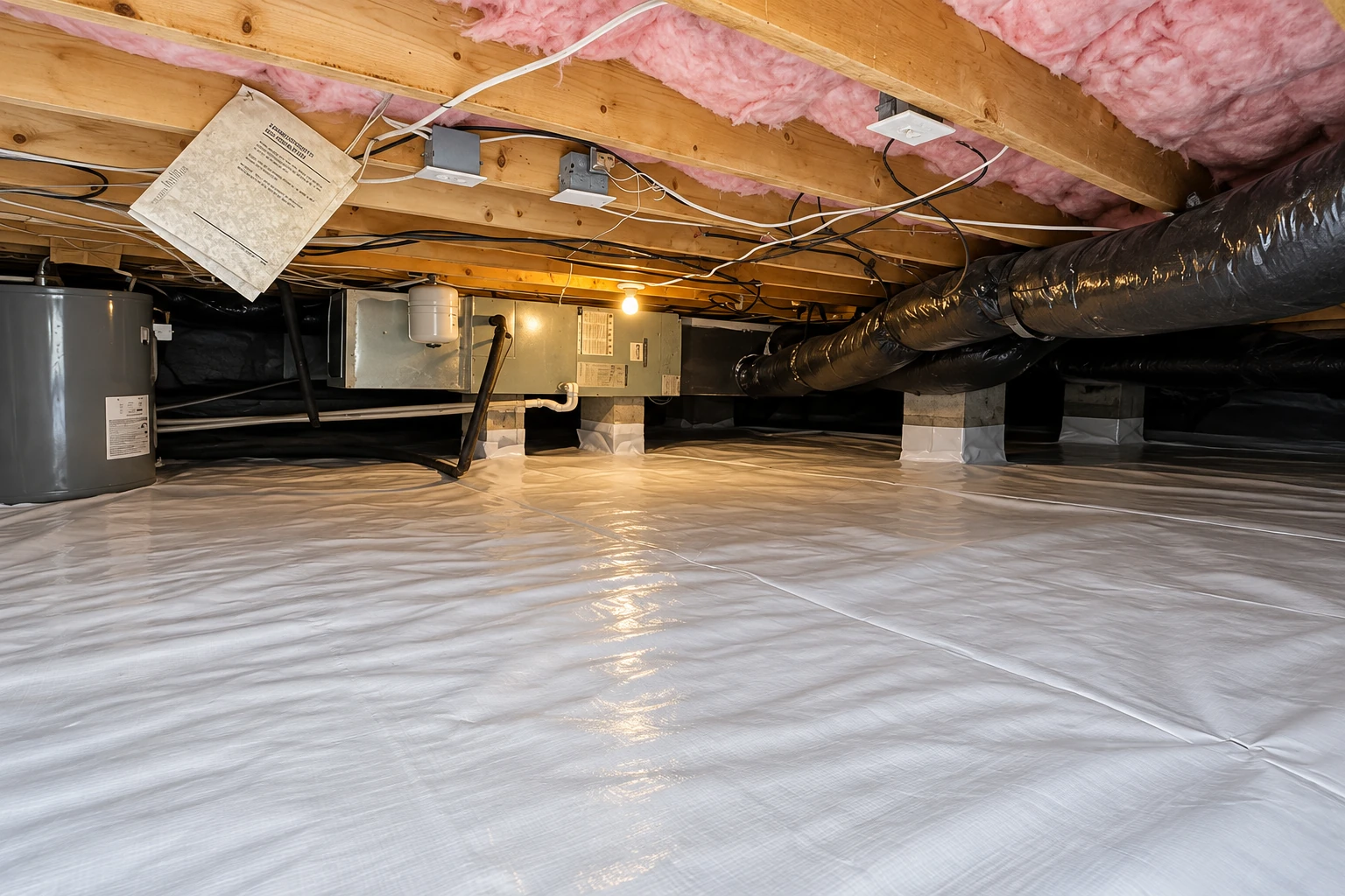 A crawl space has a plastic vapor barrier across the floor, pink insulation overhead, and exposed ducts and equipment.