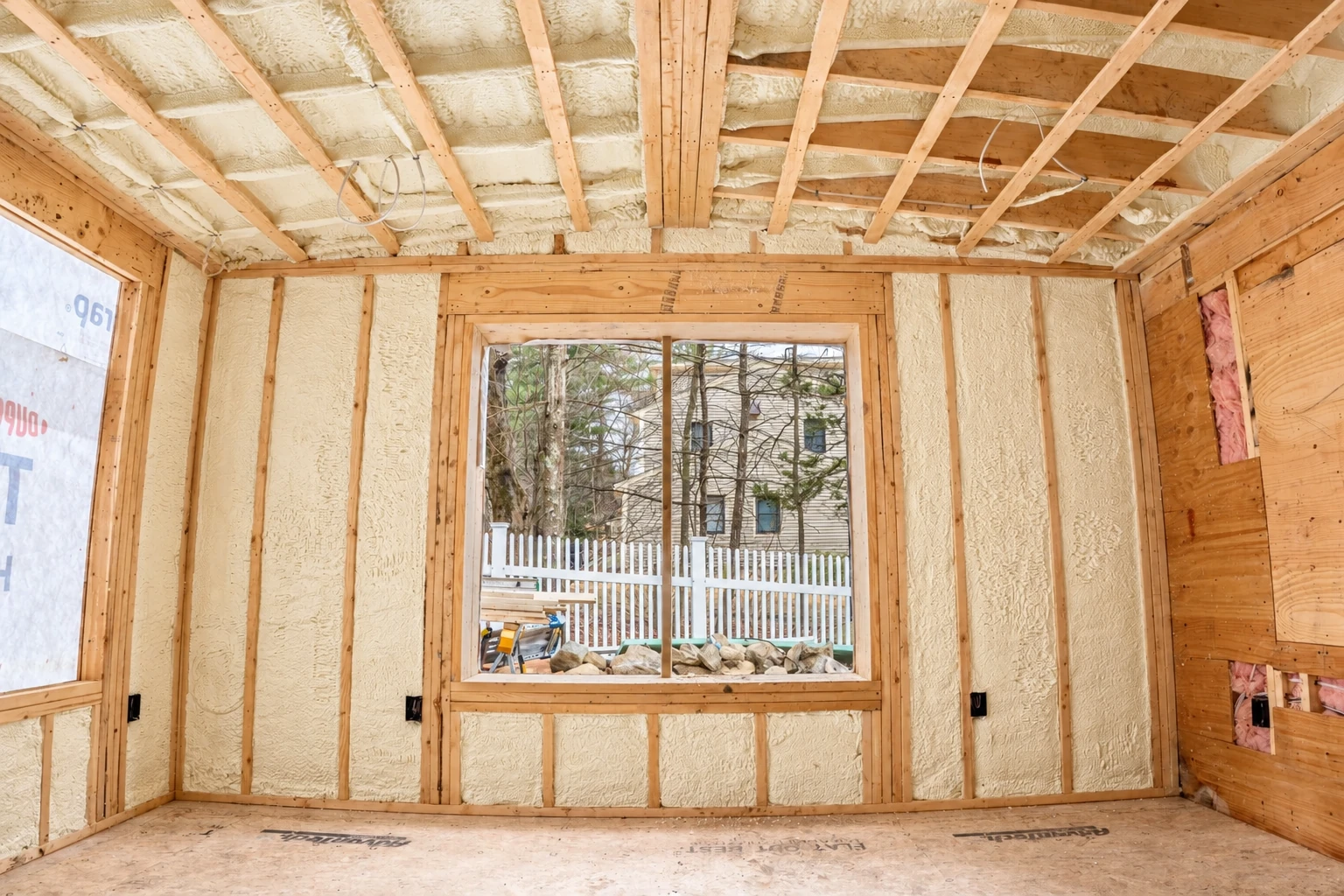 Unfinished room framed in wood with pale spray foam insulation filling the walls and ceiling around a window.
