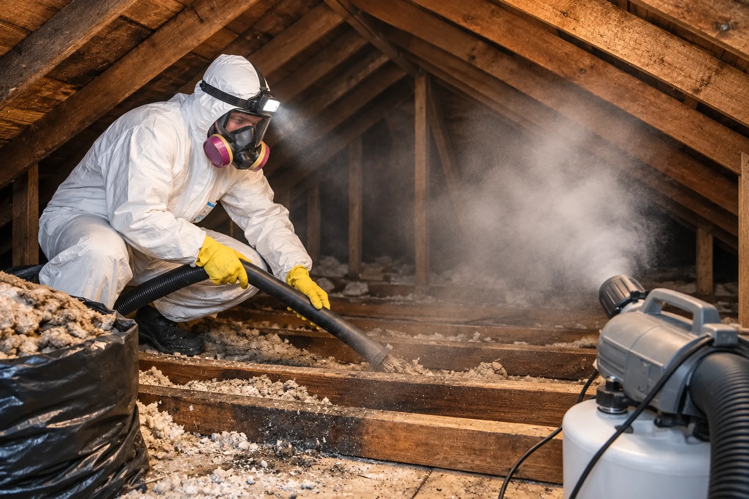 A worker in protective gear vacuums old insulation from an attic, using a hose connected to a large machine.