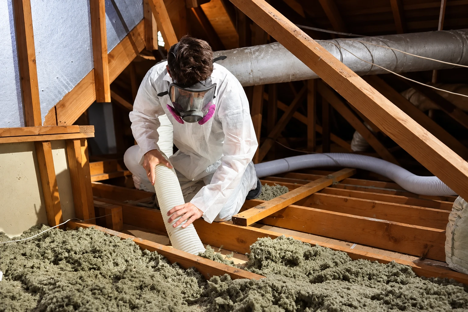 A worker in protective gear vacuums gray loose-fill insulation from an attic using a flexible hose.