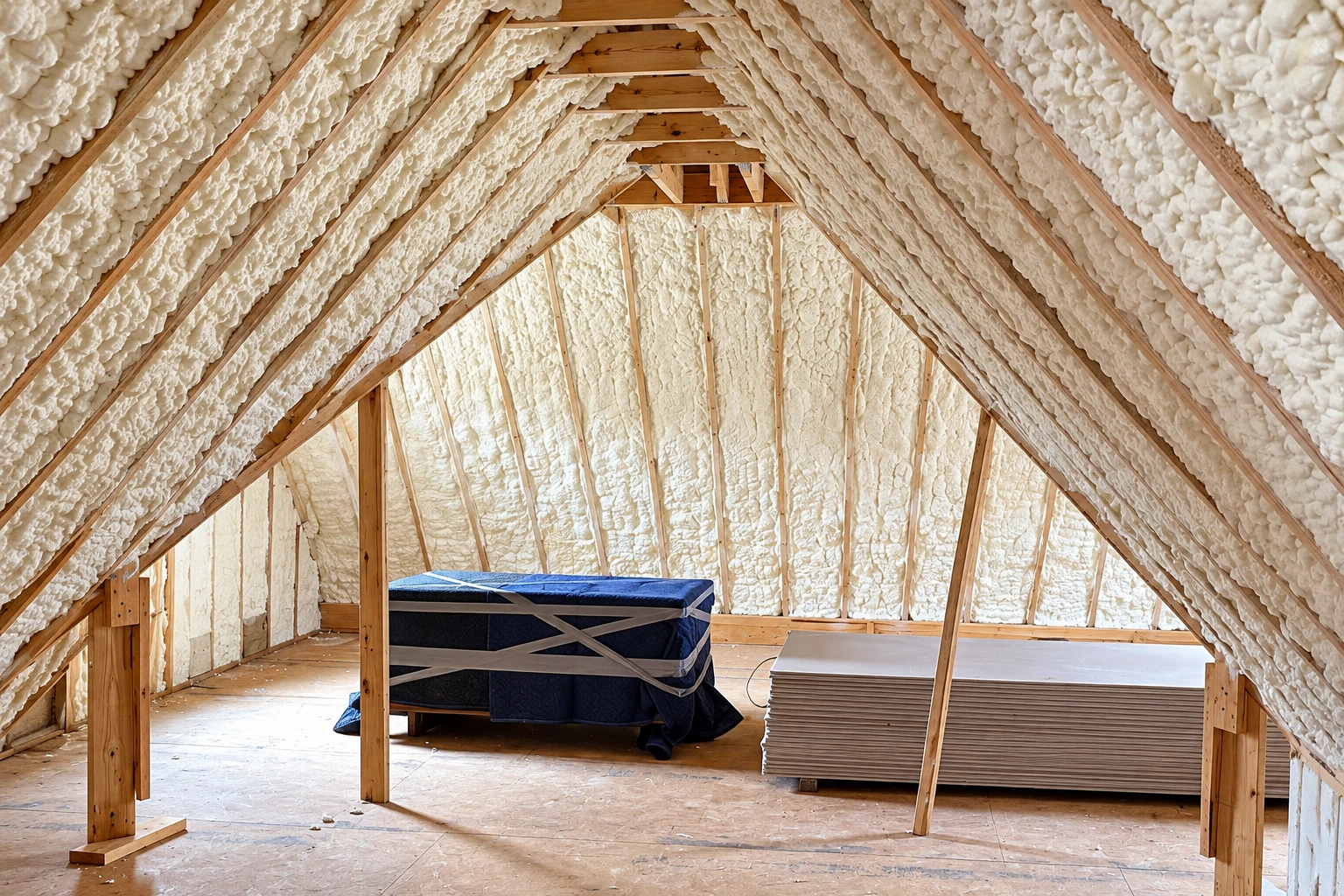 An attic roof and rafters are coated in white open-cell spray foam, with a covered mattress and stacked boards below.