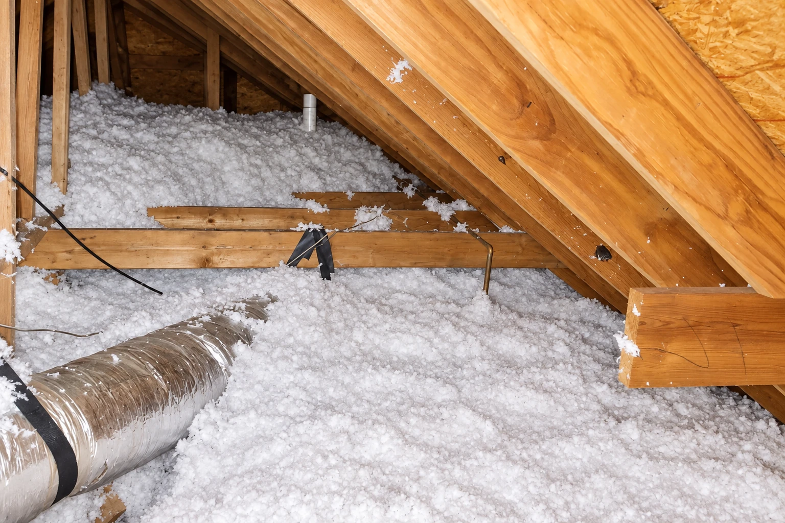 Attic with loose white blown-in insulation covering the floor beneath exposed wooden roof rafters.