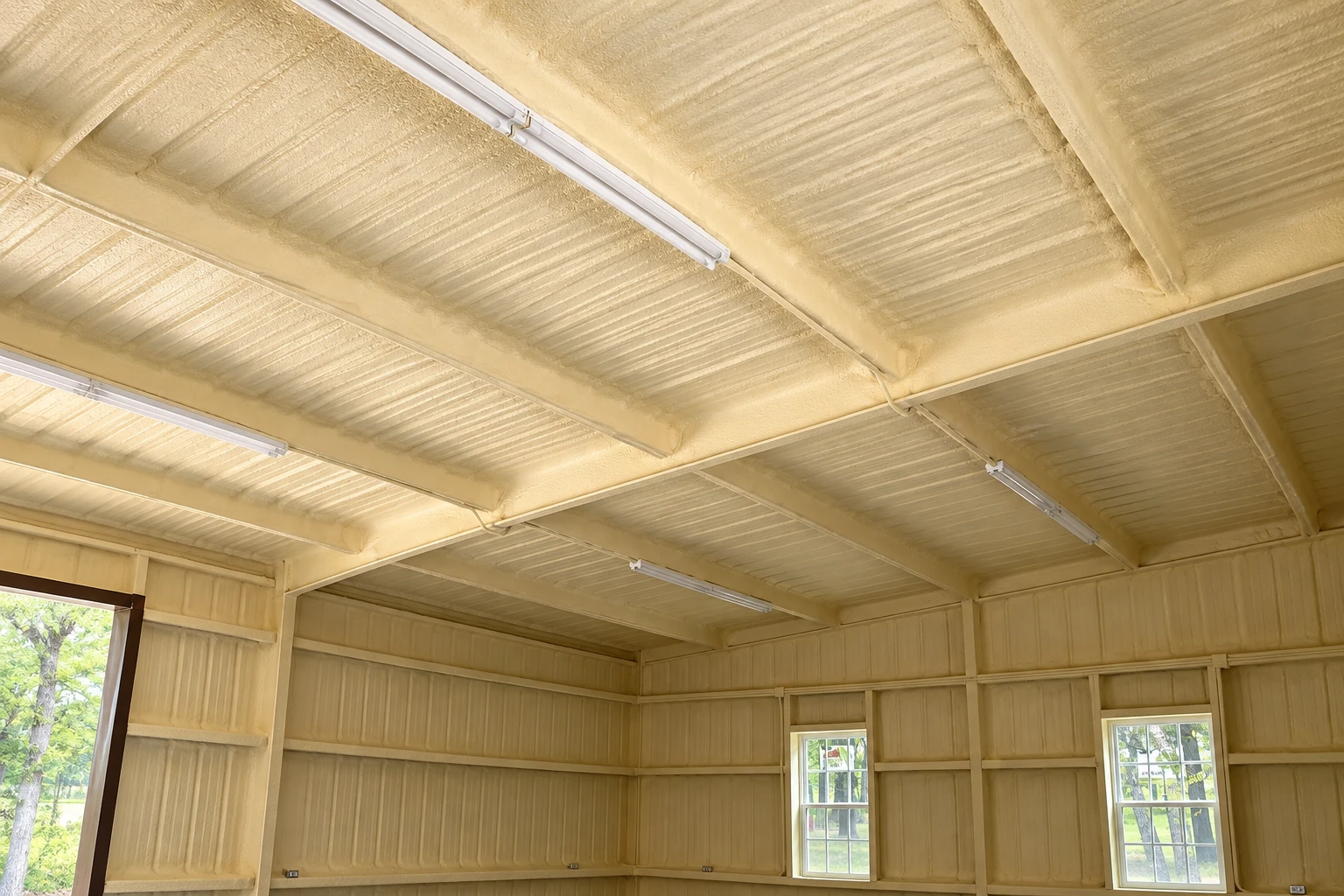 Spray foam coats the ceiling and walls of a metal building, with fluorescent lights and windows below.