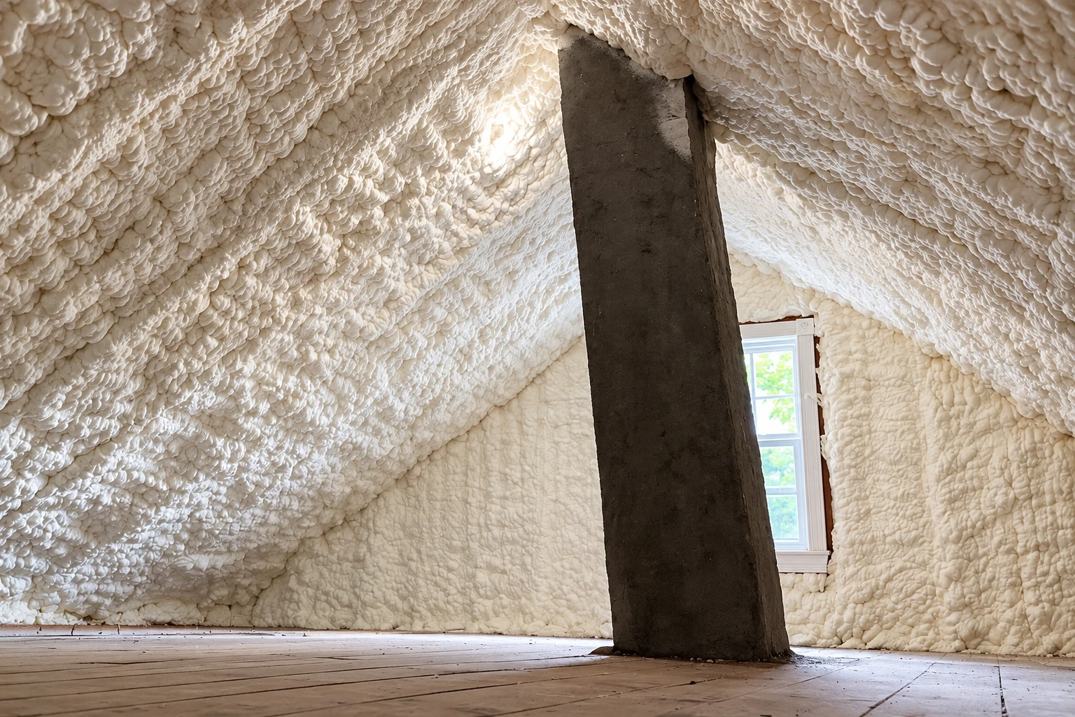White spray foam covers the sloped walls and ceiling of an attic around a dark support beam and small window.