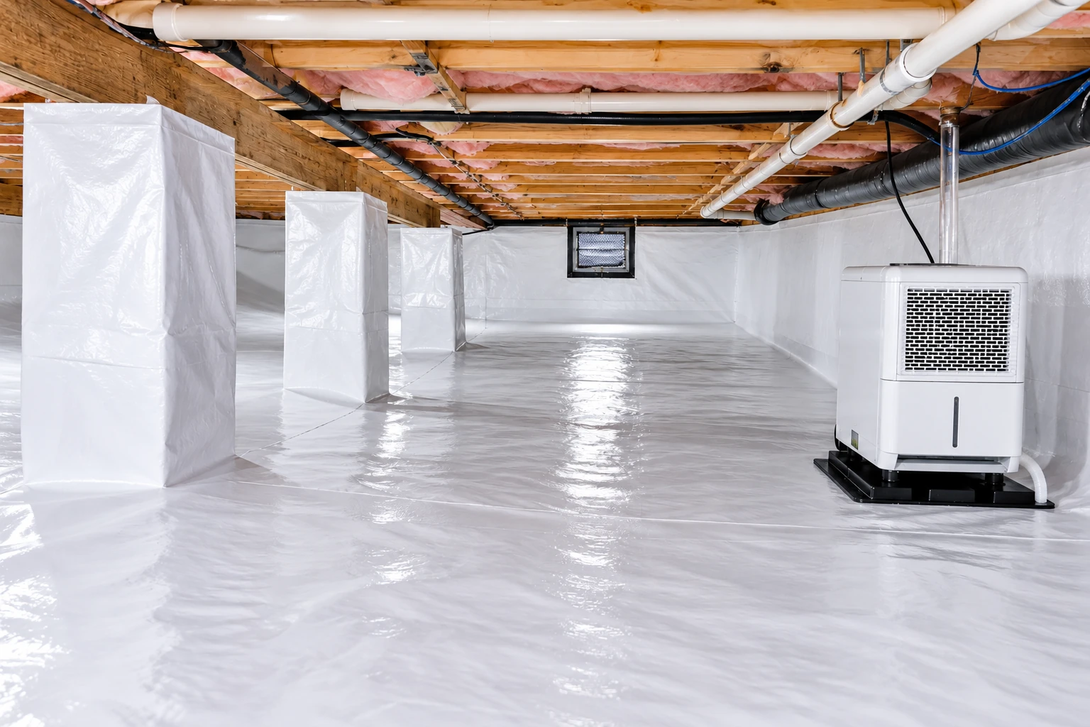 White vapor barrier sheeting lines a crawl space floor and walls, with pipes overhead and a dehumidifier at right.
