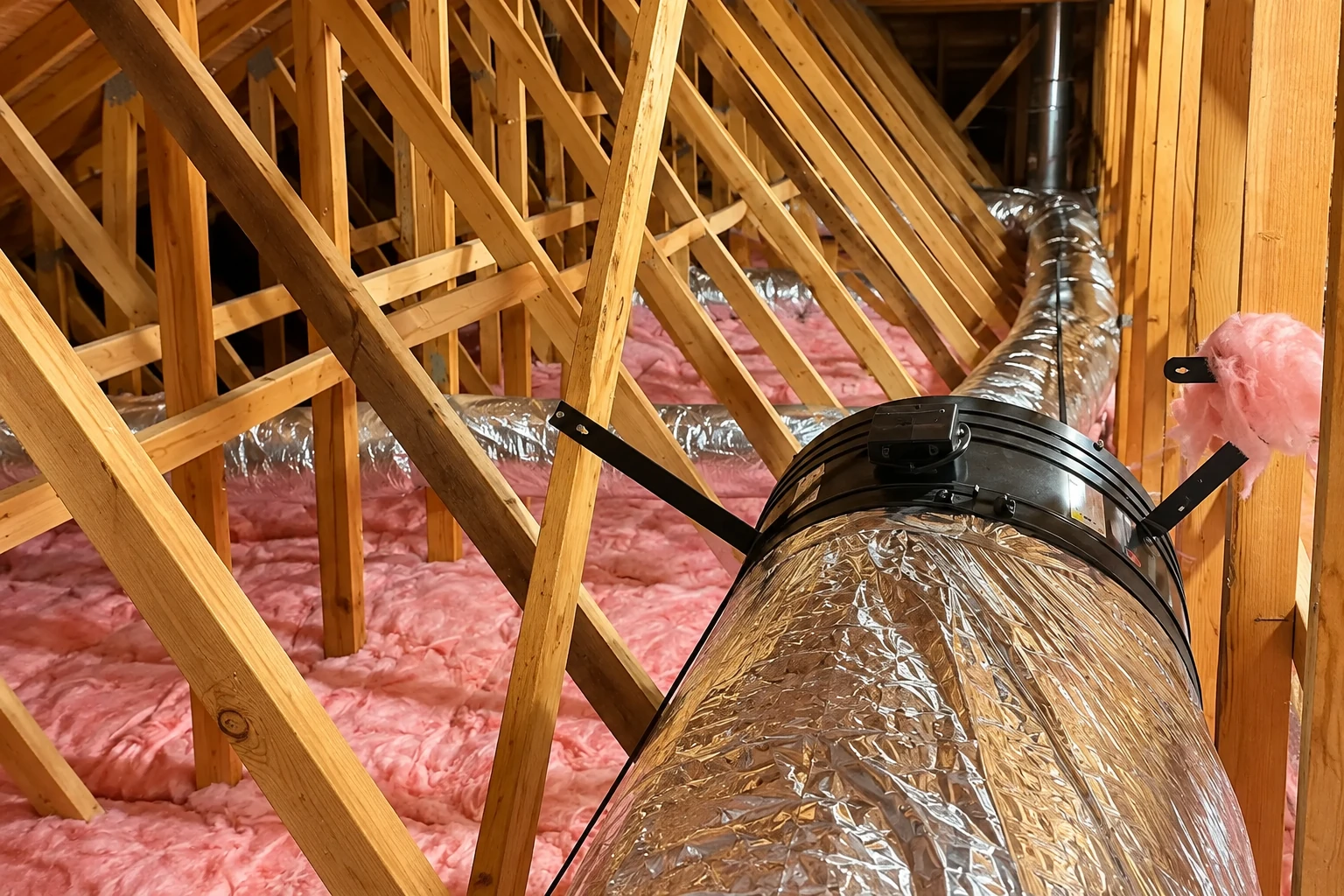 Pink attic insulation surrounds a large foil-wrapped air duct among exposed wooden roof trusses.