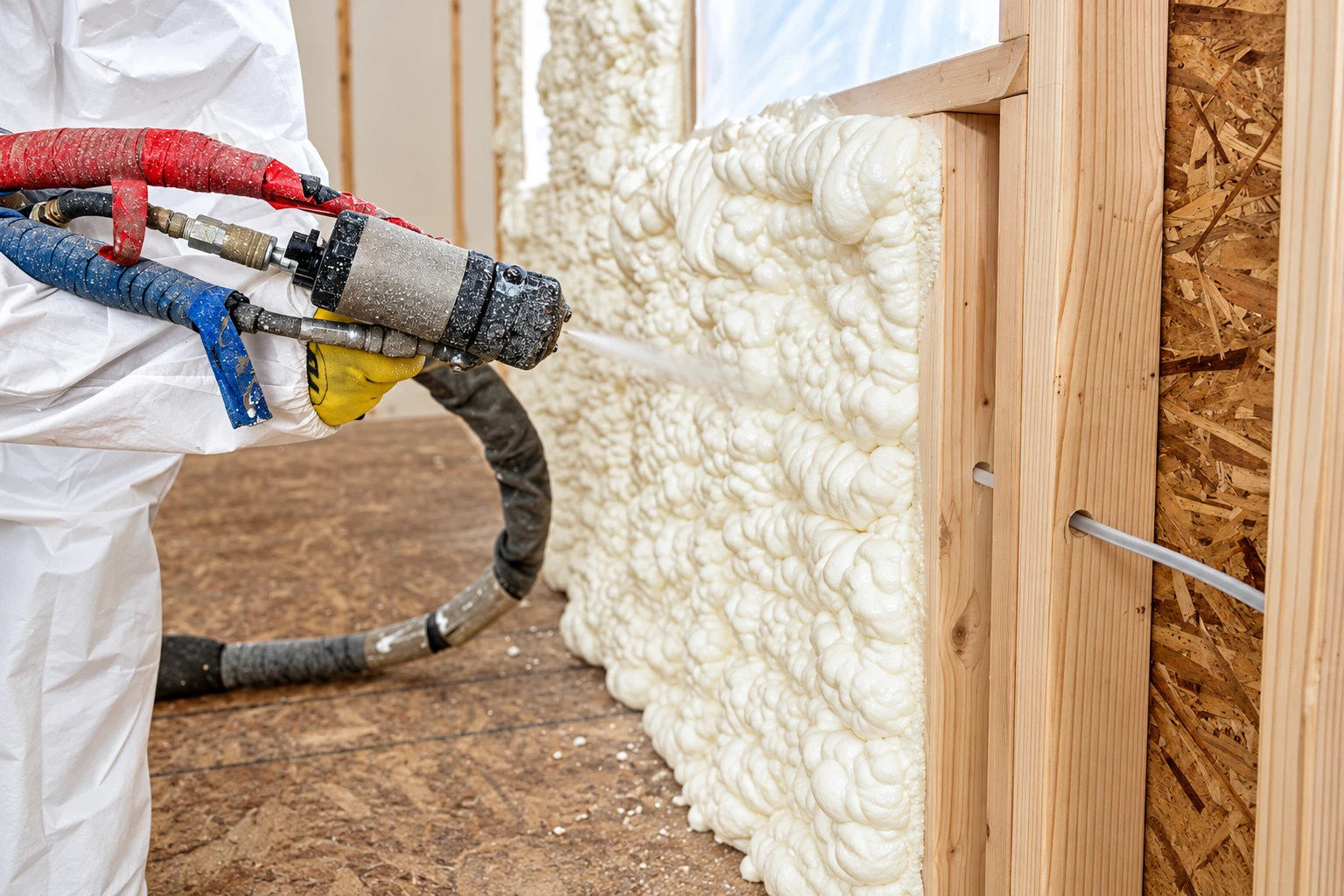 A worker sprays expanding foam insulation into the stud bays of an unfinished wall.