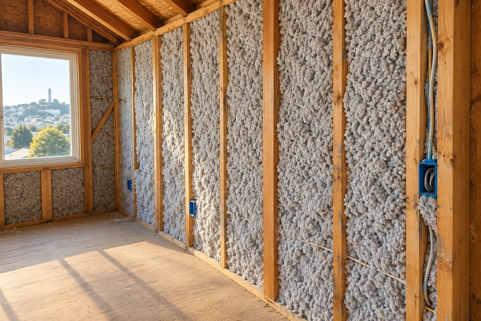 Gray blown-in insulation fills the wall cavities of a framed room beside a window.